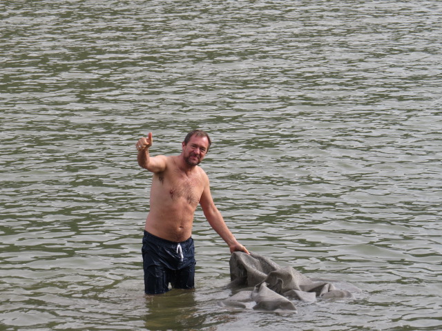 Our slightly eccentric neighbour Andy swimming in the Rhine