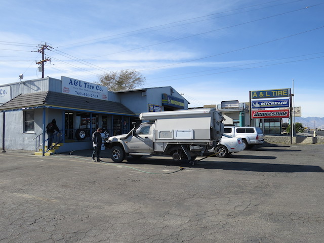 Getting our tyre repaired in Ridgecrest