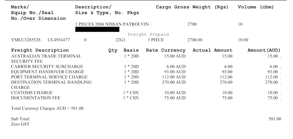 Invoice for inbound handling from the shipping company